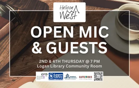 Text reads: "Helicon West: Open Mic and Guests, second and fourth Thursday at 7 PM in teh Logan Library Community Room." Logs are shown for Sugar House Review, Logan Library Partnerships, USU English Department, and Caffe Ibis.