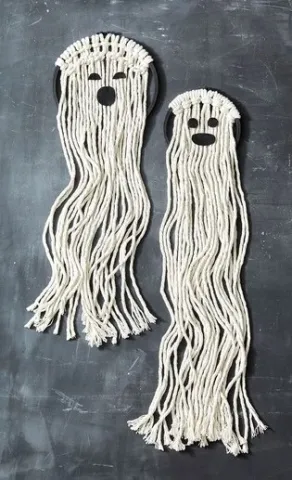 A ghost made out of a hoop and macrame string
