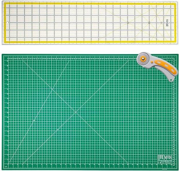 Photo of rotary cutter, mat, and clear ruler. 